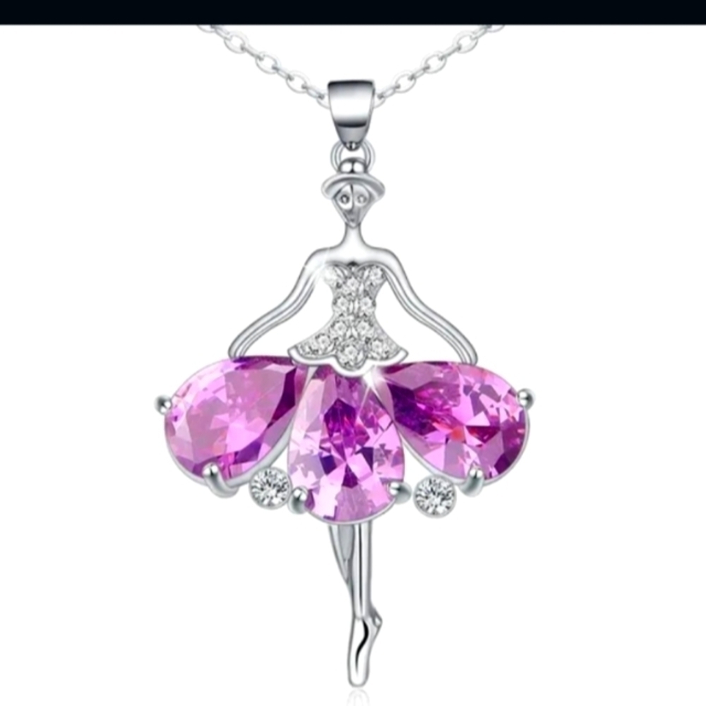 Rhinestone Ballerina Necklace Purple and White Silvertone